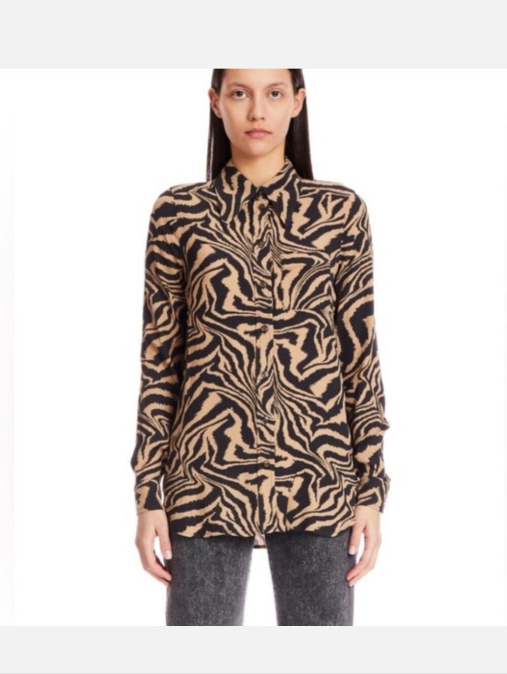 GANNI Zebra Print Button-Up Shirt in Beige & Black